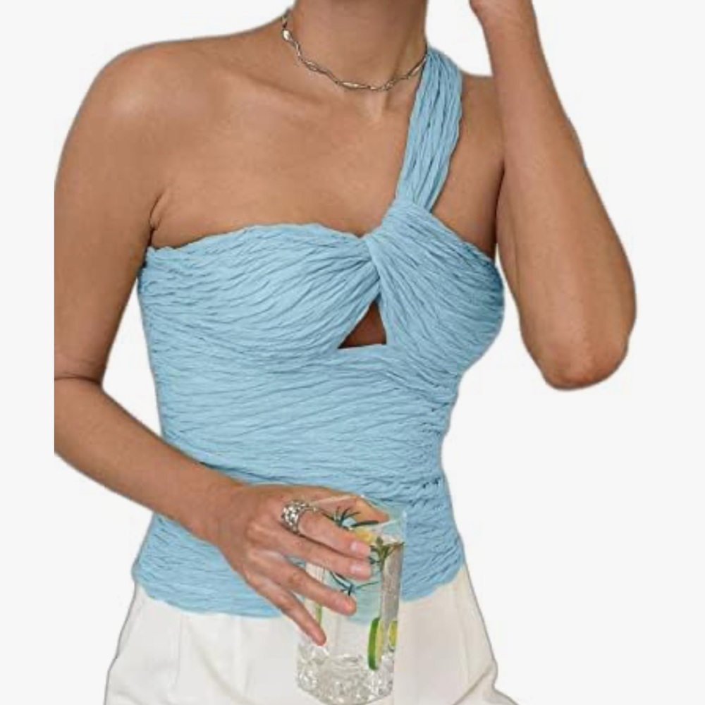 Light blue ruched one shoulder tank-top